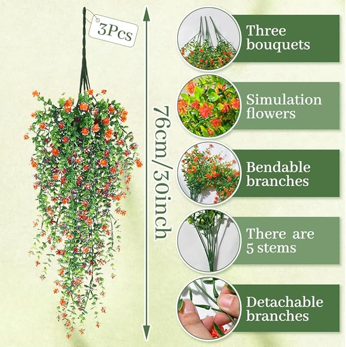 Artificial Hanging Flowers, 3 Pcs Fake Hanging Plants Decor, Artificial Vines for Outdoors, UV Resistant No Fade Artificial Plants Suitable for Indoor Decoration Outdoor Porch Courtyard (Orange)