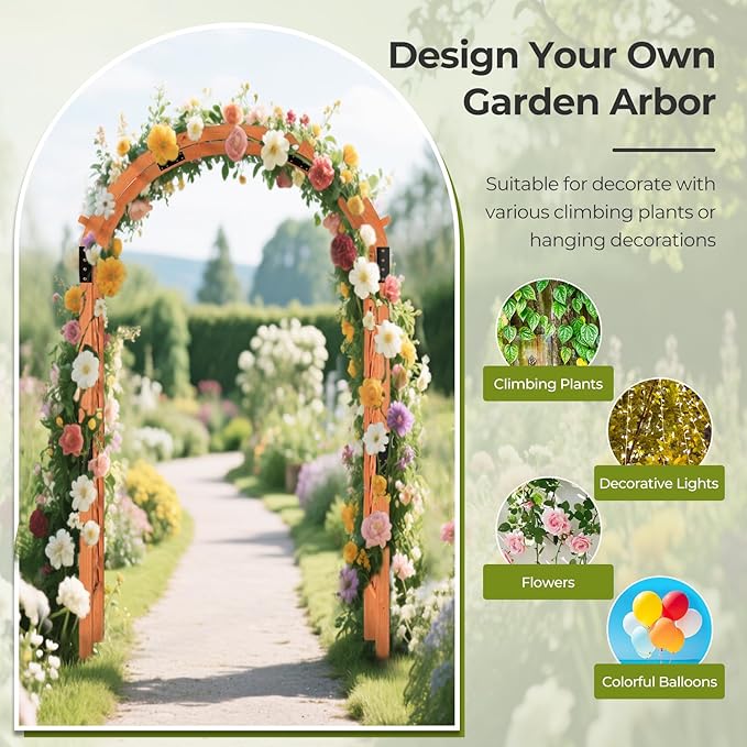 7.7ft Garden Arch, Wooden Wedding Arch with Top & Side Trellis, Garden Arbor Trellis for Climbing Plants Outdoor, Backyard & Lawn