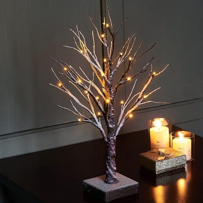 Fudios Lighted Snow Dusted Christmas Tree with Timer Battery Operated 18in Home Decor, Pre lit Artificial Tabletop Snowy Trees with 24 LED for Winter Party
