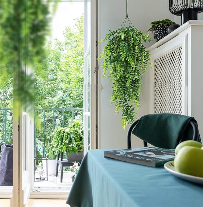 RECUTMS Hanging Artificial Plants 4Pcs UV Resistant Fake Boston Fern Realistic Faux Greenery Plastic Ivy Vines for Wall Home Room Garden Wedding Party Garland Outside Decoration(Green)