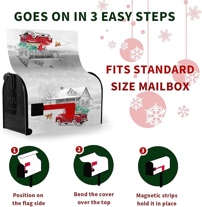 Winter Mailbox Cover Red Truck Snowflake Mailbox Wrap with Magnetic Strip Christmas Dog Snowy Letter Post Box Cover Decoration Welcome Home Outdoor Standard Size 21" Lx 18" W