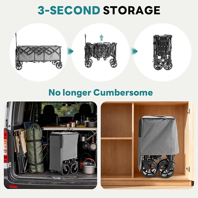 NEWBULIG Collapsible Wagon Cart - 440lbs Foldable Extra Long Heavy Duty Utility Wagon with Wheels, Portable Storage Grocery Cart for Camping, Shopping, Sports, Beach, Garden