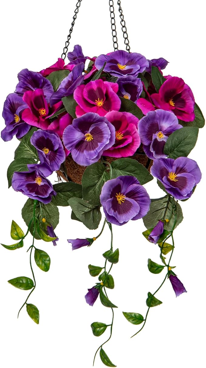 Briful Small Fake Flowers Hanging Basket, Pansy Artificial Flowers, Realistic Silk Spring Bloom Faux Flowers, 5 ⅞’’ Coconut Basket, for Home Farmhouse Balcony Outdoor Patio Garden Decor