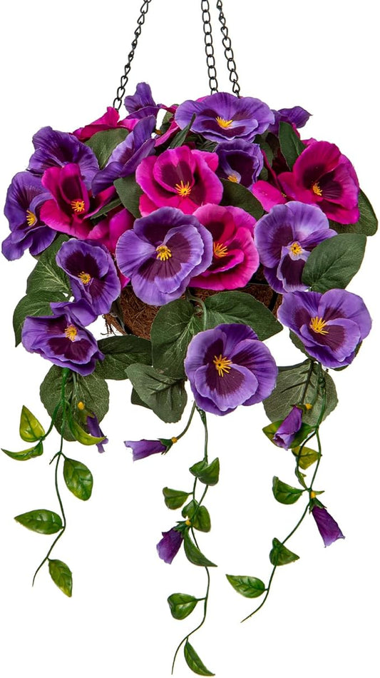 Briful Small Fake Flowers Hanging Basket, Pansy Artificial Flowers, Realistic Silk Spring Bloom Faux Flowers, 5 ⅞’’ Coconut Basket, for Home Farmhouse Balcony Outdoor Patio Garden Decor