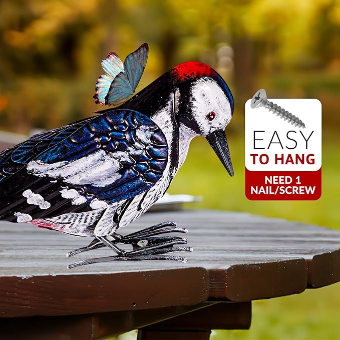 Metal Woodpecker Bird Figurine - Lifeilke Backyard & Garden Gift, Birds Statue Sculpture Art Large Realistic - Outdoor Fall Decor, Metal Yard Art