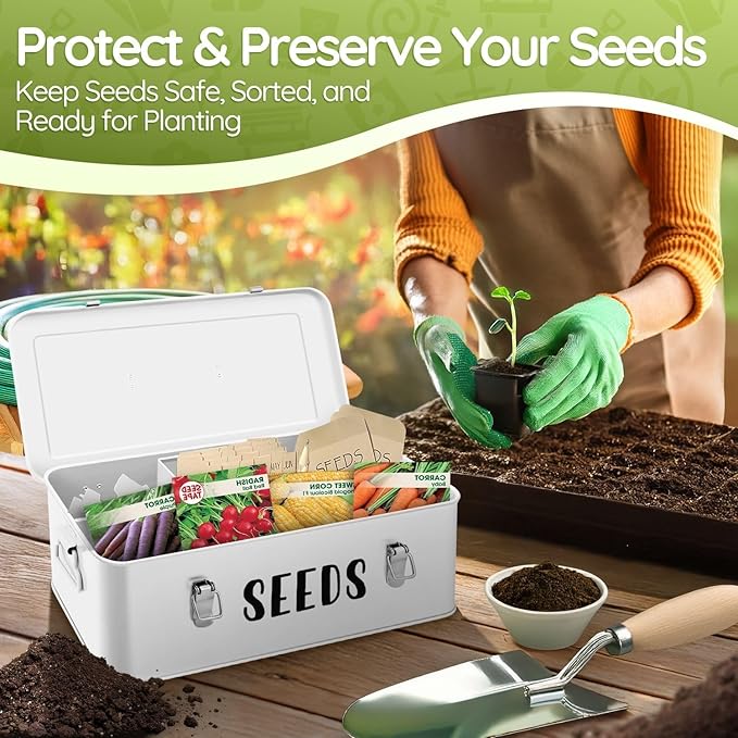 Flexzion Seed Saving Box - Metal Seed Storage Organizer Box with Lid, 4 Spacious Compartments Storage Bin for Garden Tools & More with Safety Locks, White