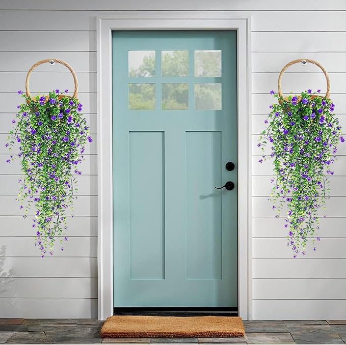 Artificial Hanging Flowers, 3 Pcs Fake Hanging Plants Artificial Vines for Outdoors, Fake Ivy Vine UV Resistant No Fade Faux Plants for Indoor Outside Garden Patio Yard Greenery Decoration (Purple)