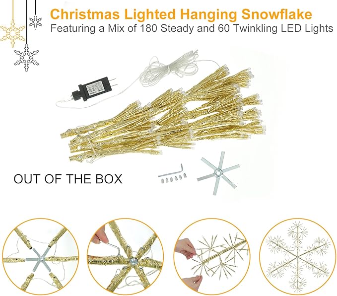 Hanging Christmas Snowflake Lights, 30’’ Large Golden Snowflake with 240 Warm White LEDs Twinkle for Indoor Outdoor Decorations