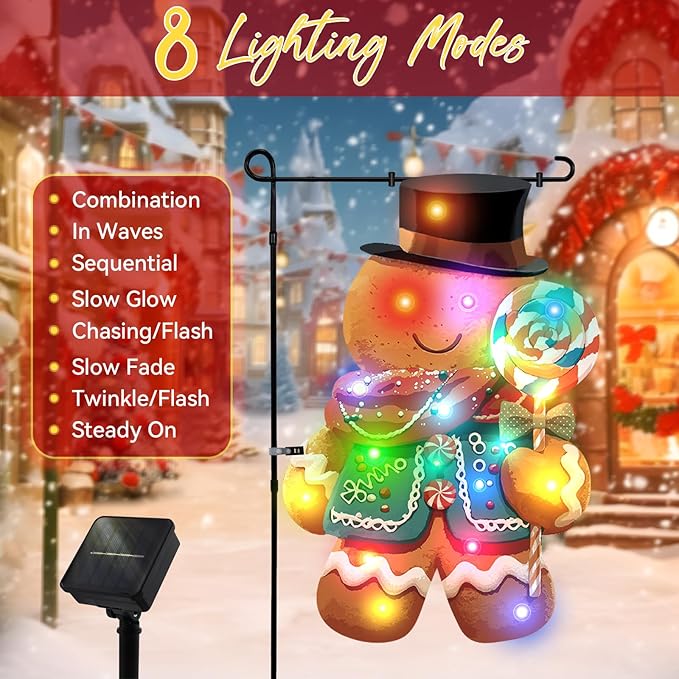 Lighted Christmas Garden Flag - 18x13-inch Waterproof Outdoor Gingerbread Man Christmas Decoration with 24 Glow-in-The-Dark LED in 8 Patterns, Perfect for Yard, Porch, and Lawn Decorations
