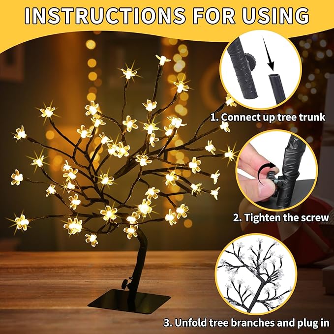Cherry Blossom Tree Lights,Artificial Bonsai Tree with 48 Warm White LED Lights, 16.2 Inch Prelit Cherry Blossom Lamp for Christmas Party Wedding Gift Home Tabletop Decoration