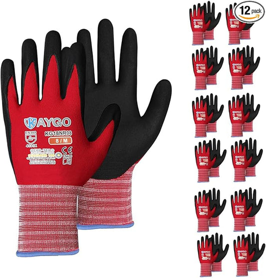 KAYGO Safety Work Gloves MicroFoam Nitrile Coated-12 Pairs, KG18NB,Seamless Knit Nylon Glove with Black Micro-Foam Nitrile Grip,Ideal for General Purpose,Automotive,Home Improvement,medium
