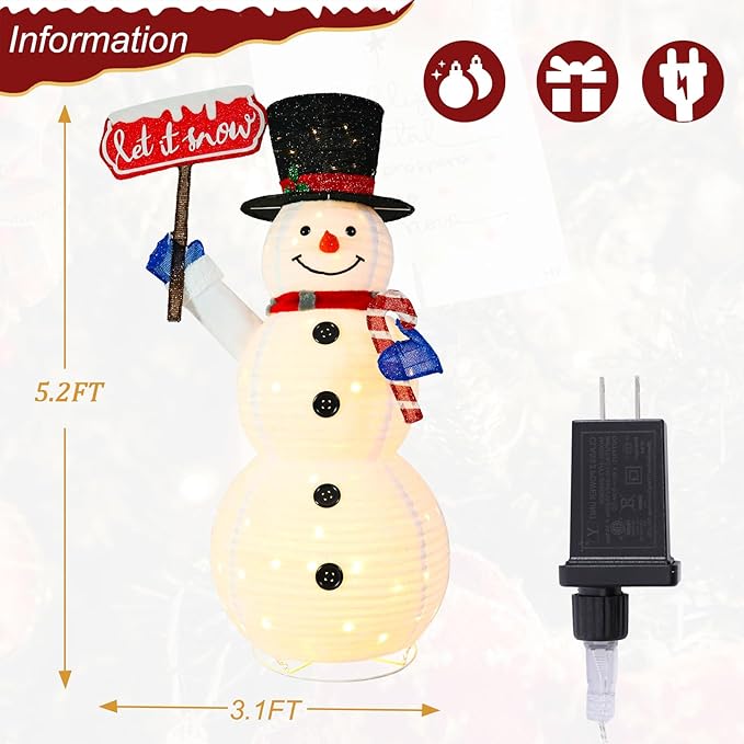 5.2FT Lighted Christmas Snowman Outdoor Pre-lit 3D Glittered Popup Snowman with LED Lights Let It Snow Sign Lighted Standing Ornament Outdoor Indoor Xmas Decoration for Home Lawn Yard Garden Display