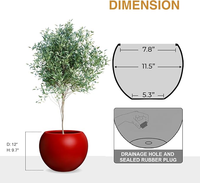 9.7" H x 12" D Globo Fiberstone Round Planter - Christmas Tree Planter, Smooth Finish, Weather Resistant for Indoor & Outdoor Use, Included 2 Extra Coco Mats (Red, 7.8" Pot Opening)