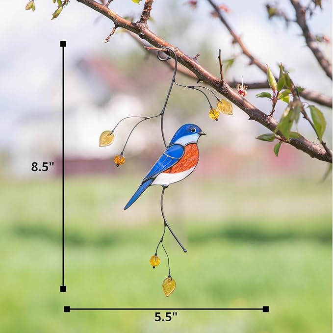 Gift Birds Handmade Stained Glass Suncatcher Genuine Stained Glass Window Hangings Unique Indoor Ornament & Outdoor Decor (Bluebird)