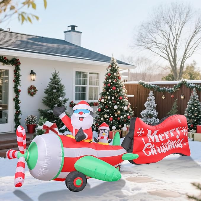 VCUTEKA Christmas Inflatables Outdoor Decorations, 10.5FT Blow Up Airplane Santa Claus and Penguin, Animated Christmas Inflatable Rotating Propeller, LED Light Yard Decoration for Holiday Garden