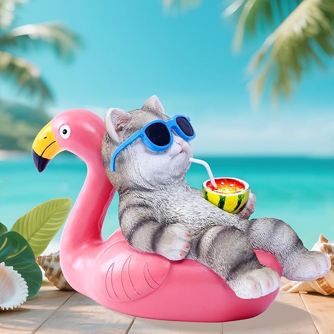 Nacome Cat Lying Flamingo for Garden Statue: Solar Outdoor Decor Figurine for Clearance Outside Lawn Ornaments Porch Patio Balcony – Gifts for Grandma Mom