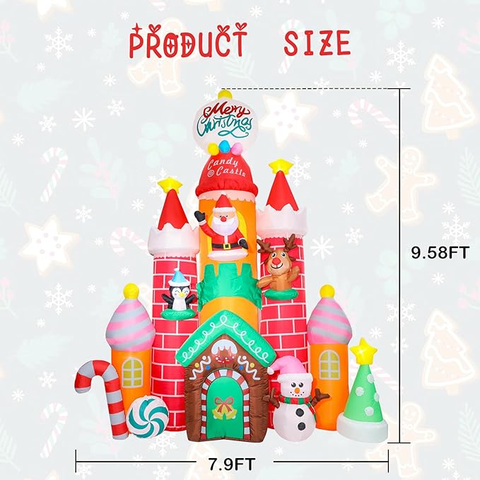 9.6 FT Christmas Inflatable Decorations, Inflatable Candy Castle with Santa, Snowman and Reindeer Blow Up Castle Yard Decorations Built-in LED Lights for Xmas Garden Lawn Patio Decor