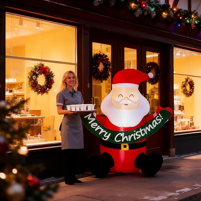 VINGLI 5.8ft Cute Santa Claus Inflatable, Inflatable Santa Holding Banner Christmas Blow ups Yard Decoration, Outdoor Inflatables with LED Lights for Outdoor, Lawn, Garden, Xmas Holiday Decor