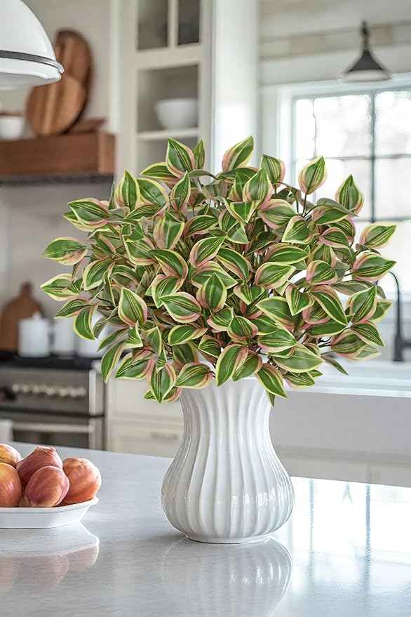 Hollyone 5 Bundles Artificial Greenery Plants Stems Faux Wandering Jew Leaves Plant Bouquet Fillers for Arrangement, Fake Shrub Bushes Plants for Home Centerpiece Indoor Outdoor Garden Patio Porch