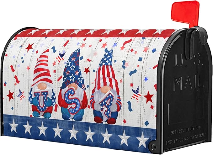 Patriotic Gnomes Mailbox Cover Magnetic 4th of July Elf USA Stars Independence Day Mailbox Wrap Post Cover Standard Size 21"x18" for Garden Yard Outdoor Outside Holiday Decor