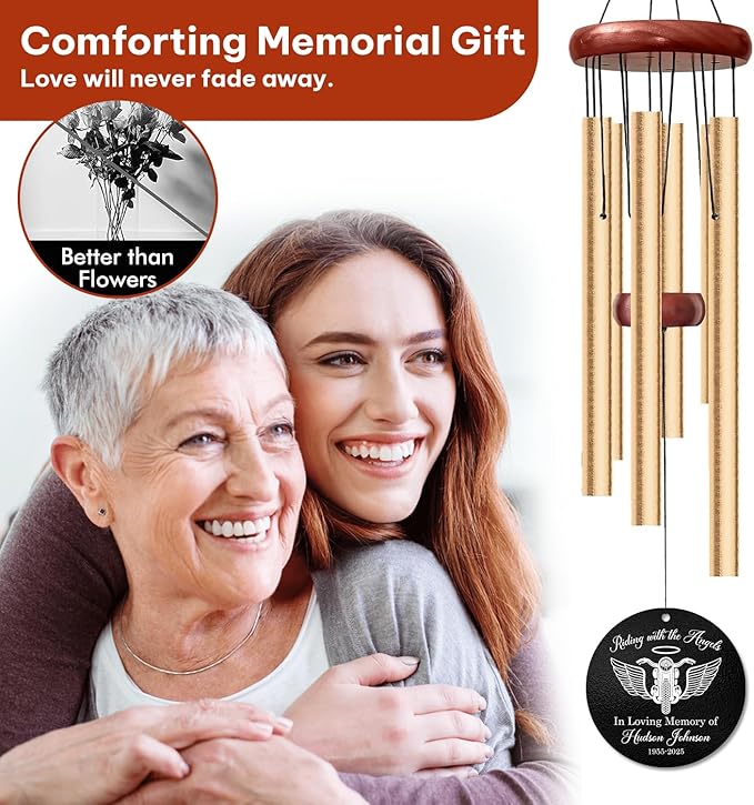 Personalized Motorcycle Memorial Wind Chime – “Riding with The Angels” Custom Name & Years – White Engraved Outdoor Sympathy Gift for Loss of Loved One – Biker Remembrance Windchime
