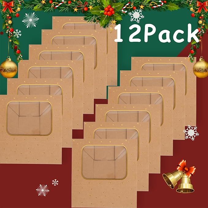 12pcs Gold Star Cookie Boxes, Brown Bakery Boxes with Window 8.25x6x2.75in Gold Foil Star Treat Cake Boxes for Gift Giving Pastry Dessert Cupcakes Candy Donut Packaging (KRAFT PAPER, 12)