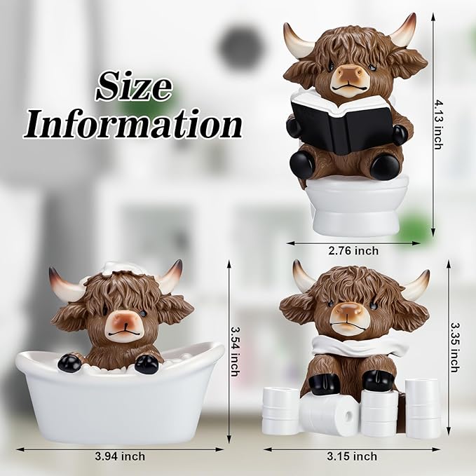 Karenhi 3 Pcs Highland Cow Figurines Bathroom Highland Cow Gnomes Bath Scottish Resin Statue Calf Lovers Gifts for Home Garden Kitchen Office Tiered Tray Table Decor