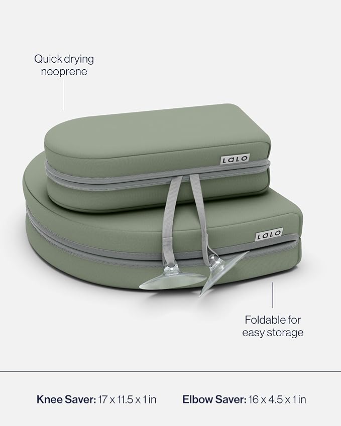 Lalo Knee & Elbow Saver - Foldable Padded Cushions for Bathtime Relief, Quick-Dry, Suction Cups for Stability, Bath Kneeler and Elbow Rest Pad Set 17 x 11.5 in Knee Pad & 16 x 4.5 in Elbow Pad - Sage