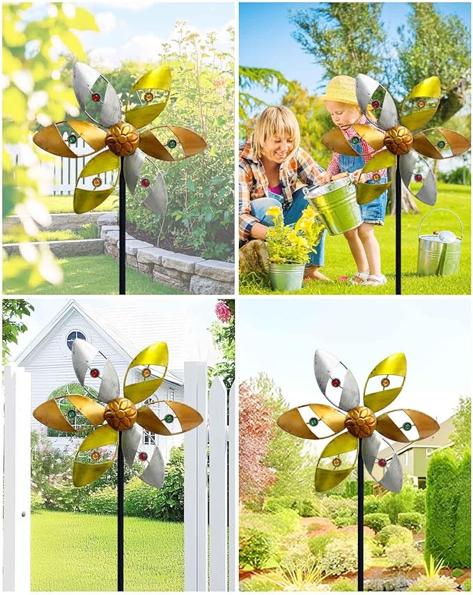 Wind Spinners Outdoor Metal, 10.63" W*37" H Pinwheels for Yard and Garden Decor, Kinetic Wind Sculpture Spinner (Gold Ornate Crystal Bead)