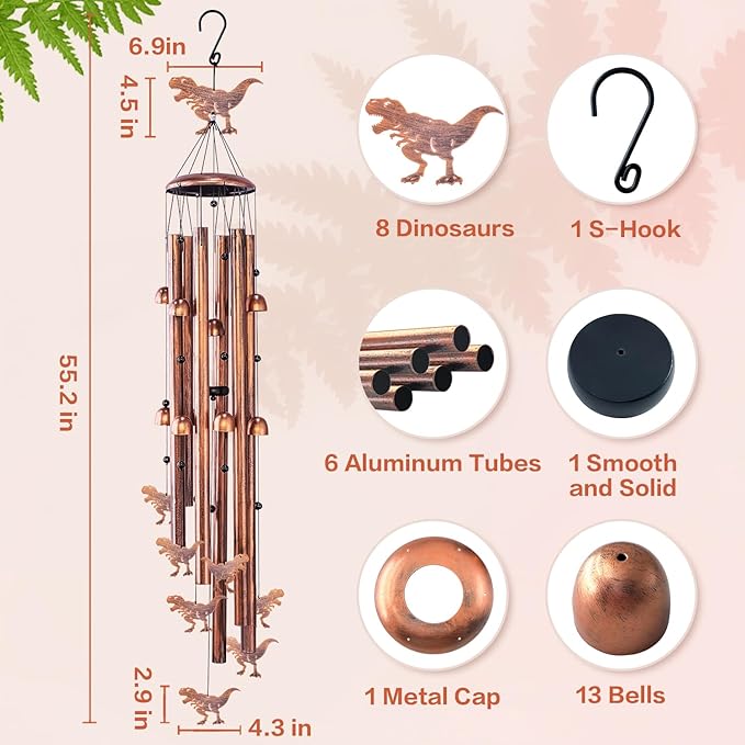Extra Large Dinosaur Wind Chimes Outdoor Dinosaur Gifts for Women Men Mom Gardening Birthday Gifts Metal Memorial WindChimes for Outside/Indoors, Lawn, Patio, Yard Art, Garden Decor, Yard Decoration