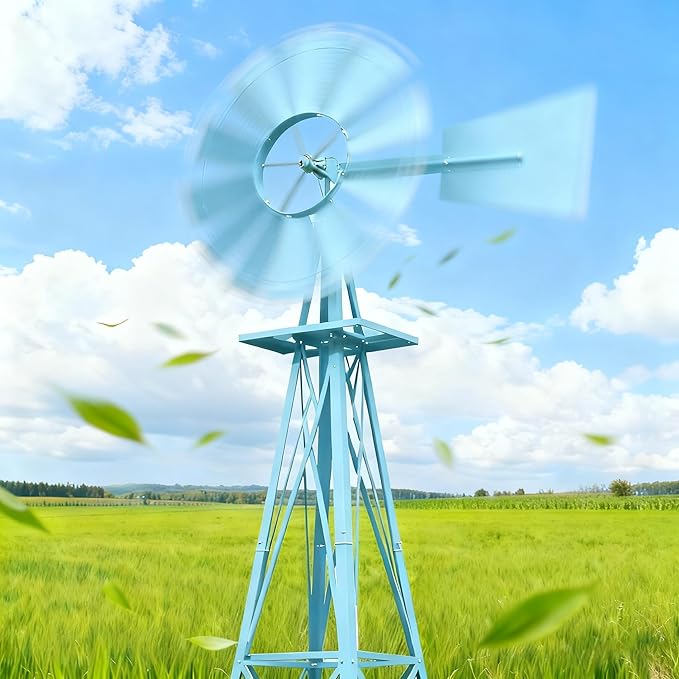8FT Windmill for Yard Garden Decoration with Weather Vanes，Heavy Duty Outdoor Wind Mills, Large Metal Outdoor Windmill,Weather Resistant,Blue