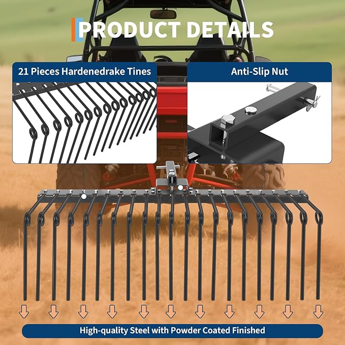 Pine Straw Rake, 48 Inch Landscape Rake for 2" Receiver, Fits Lawn Tractors & ATV/UTV | Heavy-Duty Powder Coated Steel Construction | Yellow