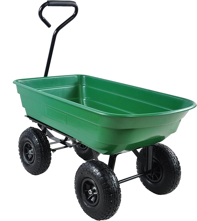 Red Metal Wheelbarrow, Easy Loading and Dumping Garden Cart with Steel Tray, Durable Heavy Duty Utility Trolley for Transporting, Soil, Sand (Green, 4 Wheels-75L)