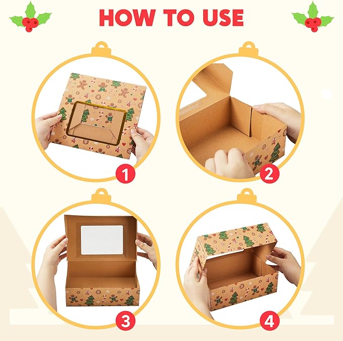JOYIN 24 PCS Foiled Christmas Cookie Boxes for Gift Giving, 8.75" x 5.75" x 2.75” Bakery Boxes with Window, 3 Design Brown Kraft Cardboard Treat Box for Xmas Holiday Pastries Cupcakes Doughnut Wrap