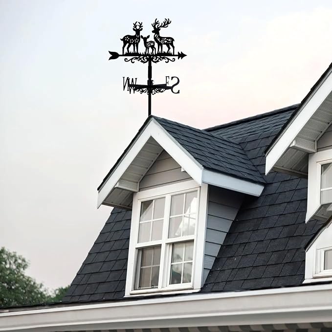 Deer Family Weathervane Metal Wind Vane Arrow Weathercock Garden Decoration Wind Direction Indicator Stake Roof Mount Ornament for Farmhouse Yard Outdoor