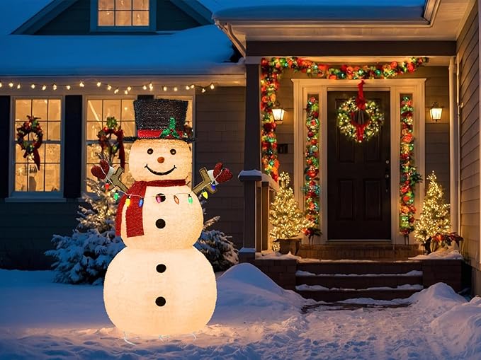 5ft Lighted Pop-Up Snowman, Large Outdoor Christmas Snowman Decoration with 200 LED Lights, Hat, Scarf, Multicolored Lights, for Christmas Yard and Outdoor Display (Batteries Not Included)