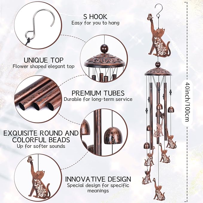 Cat Gift Wind Chimes for Outside, Pet Metal Windchimes Cat Lover Gift for Women Men, Sympathy Memorial Gifts for Garden Decor Outdoor Memorial Housewarming Birthday Festival Gifts Front Yard Decor