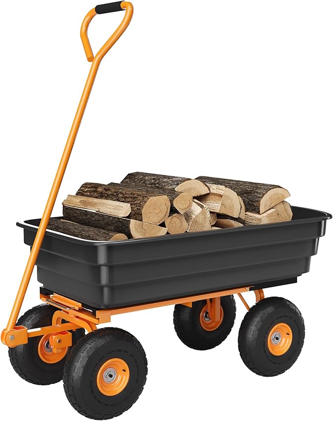 Garden Dump Cart, 4 Cu.Ft. 600Lbs Garden Cart, Heavy-Duty 4 Wheel Wheelbarrow Yard Cart with 10-Inch All-Terrain Wheels, Features A Quick-Release Tipping Function, for Courtyards, Farm, Gardening