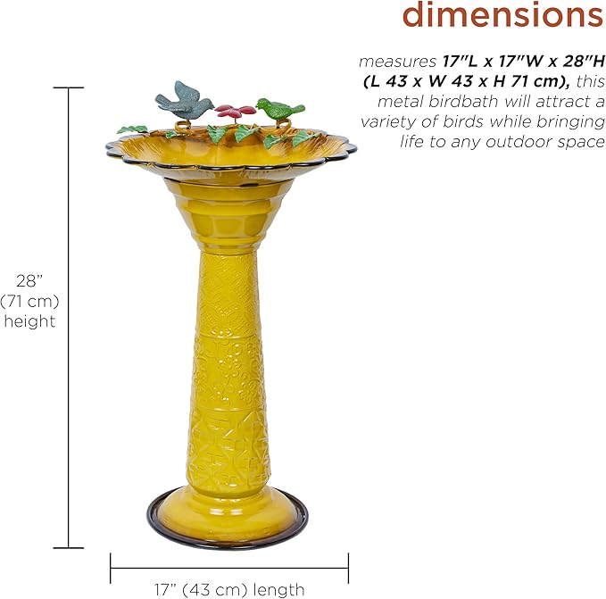 Alpine Corporation ORS112YL Vintage Metal Pedestal Birdbath with Stand, Shallow Bird Bath Bowl for Outside, 28" H, Yellow