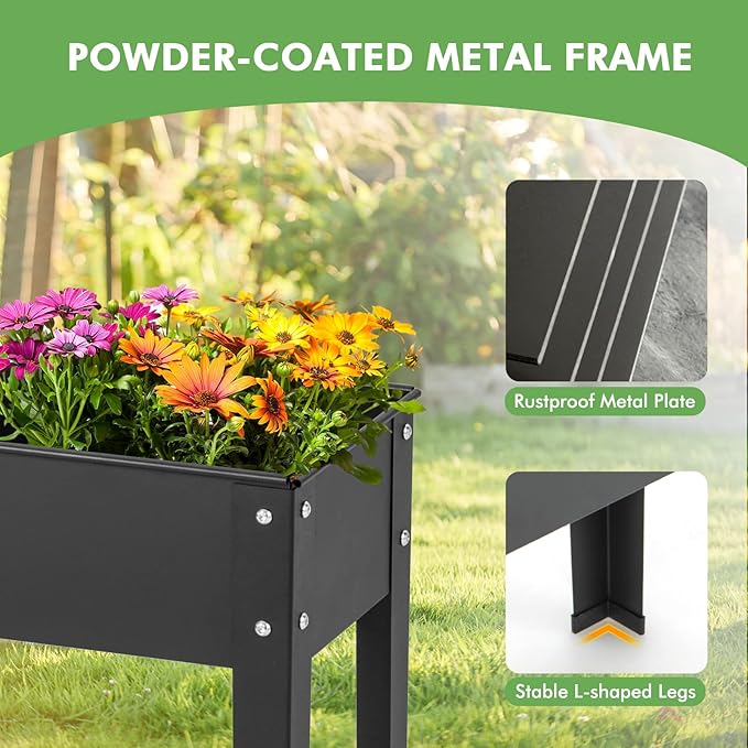 HAPPYGRILL Raised Garden Bed, 18” Elevated Planter Box w/Legs, Drainage Hole, Hemming Design, Metal Garden Box for Vegetable Herb, Outdoor Raised Beds for Gardening, Backyard Porch Balcony, Black