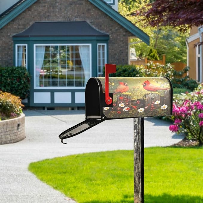 SUABO Mailbox Cover Two Red Cardinals Daisy Standard Magnetic Mailbox Covers Wraps for Christmas Home Yard Garden Decor