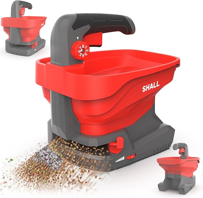 SHALL Battery Powered Fertilizer Spreader, 7.2V Rechargeable Seed Spreader for Salt, De-Icer, Earth Food, Grass Seed, 8-Level Settings and 3.3L Large Capacity Spreading up to 6458 sq.ft