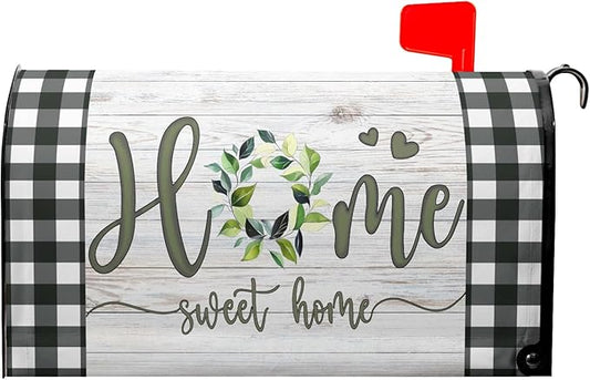 Home Sweet Home Magnetic Mailbox Cover, Spring Leaf Buffalo Plaids Decorative Waterproof Mailbox Wrap Letter Post Cover for Garden Yard Outdoor Outside, 25.5x21in Large Size