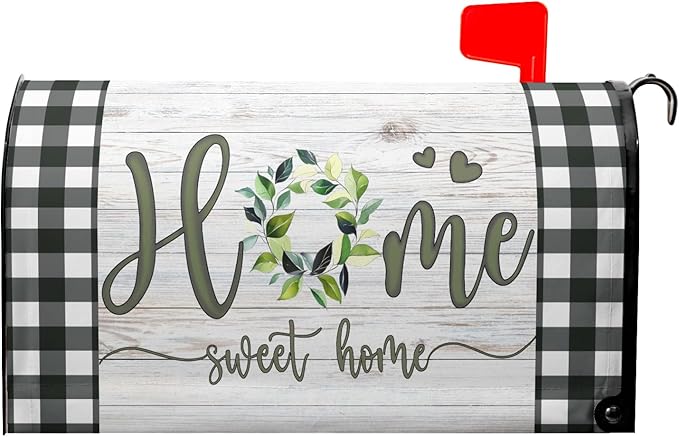 Home Sweet Home Magnetic Mailbox Cover, Spring Leaf Buffalo Plaids Decorative Waterproof Mailbox Wrap Letter Post Cover for Garden Yard Outdoor Outside, 21x18in Standard Size