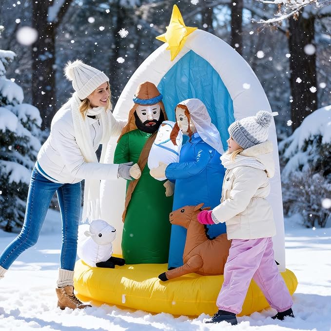6 Feet Indoor Outdoor Nativity Scene Inflatable Christmas Decor , LED Lights Holiday Garden Yard Lawn Decoration, Xmas Blow up Decoration,Featuring Mary Joseph Baby Jesus with Cute Sheep and Deer