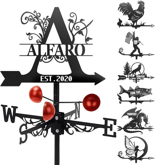 Custom Metal Weathervane Personalized Steel Wind Indicator with Name Outdoor Decor for Roof Garden Patio Barn