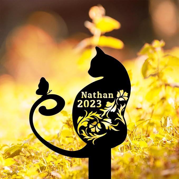 Personalized Butterfly Flowers Cat Memorial Grave Marker Garden Stake, Custom Pet Cat Memorial Stake Metal Sign Outdoor Grave Marker, Customized Cat Memorial Plaque Pet Tombstone Headstone