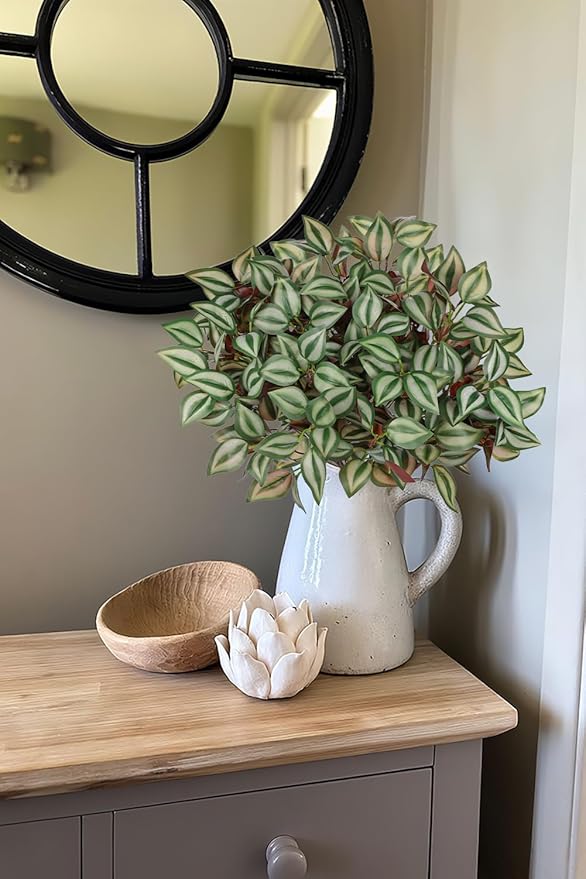 Hollyone 5 Bundles Artificial Greenery Plants Stems Faux Wandering Jew Leaves Plant Bouquet Fillers for Arrangement, Fake Shrub Bushes Plants for Home Centerpiece Indoor Outdoor Garden Patio Porch