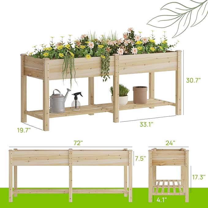 Raised Garden Bed, Planter Box with Storage Shelf, Elevated Wooden Box with Legs, Garden Planter for Backyard, Patio, Balcony, Natural Wood (Natural, L)