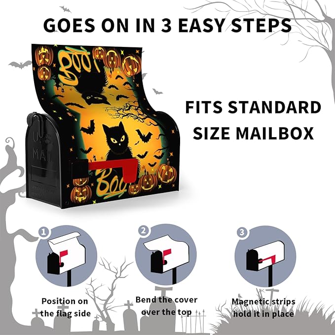 Halloween Mailbox Covers Black Cat Moon Pumpkin Magnetic Mailbox Wrap Castle Boo Spider Bat Mail Post Box Cover Standard Size 21x18 Inch for Garden Yard Decor